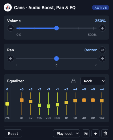 The Cans popup showing Volume, Pan, Swap, the 10-band EQ and the Profiles footer