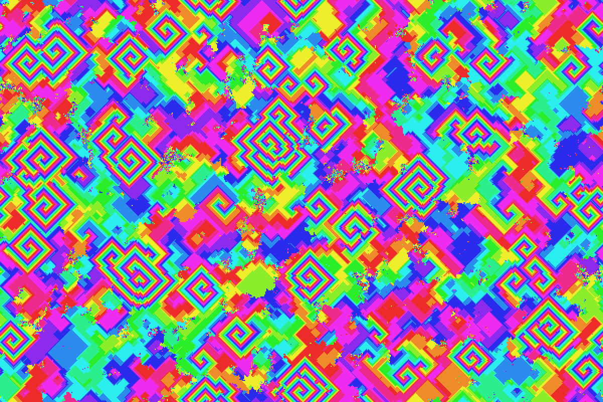 The Demon board: colour spirals as concentric diamonds, with patches of the initial noise still visible between them